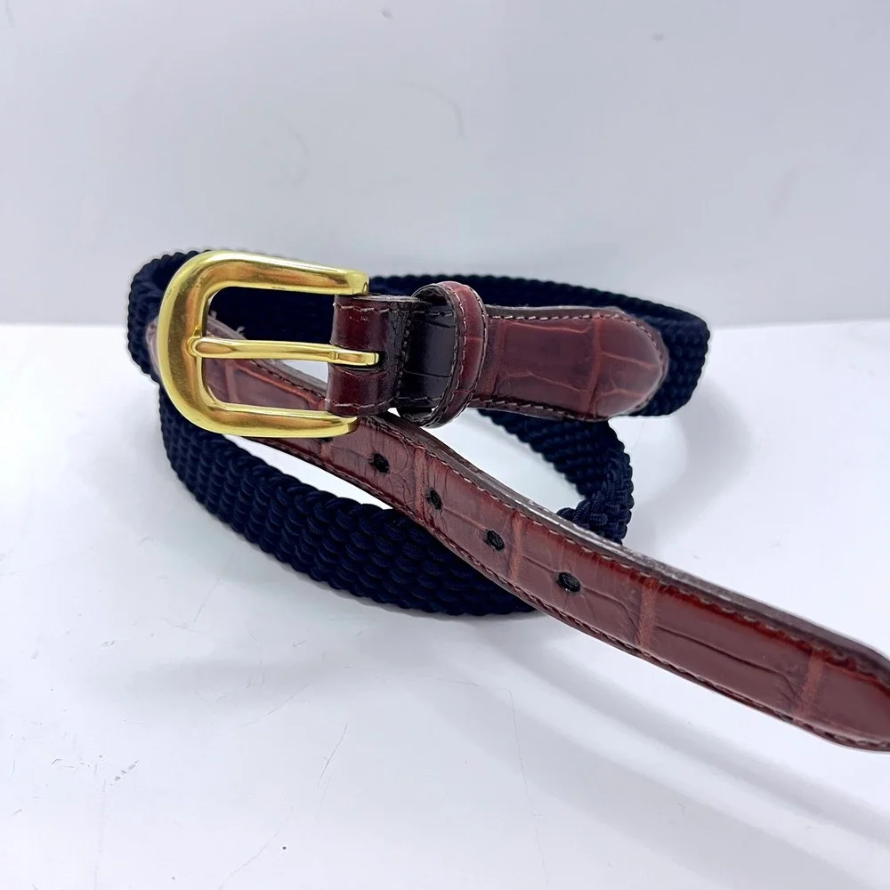 Brighton Navy Braided Cord Brown‎ Croc Leather Belt Solid Brass Buckle USA